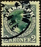 Почтовая марка (2 kr.). "Король Кристиан X". 1913 год, Дания.