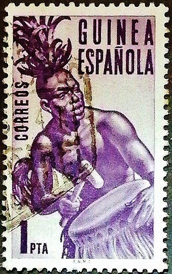 Почтовая марка (1 ps.). "Абориген с бубном". 1953 год, Испанская Гвинея.