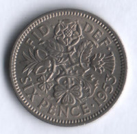 Монета 6 пенсов. 1953 год, Великобритания.