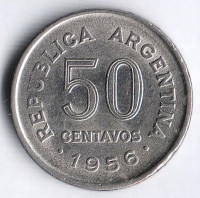 Монета 50 сентаво. 1956 год, Аргентина.