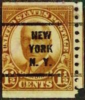 Почтовая марка (1⅟₂ c.). "Уоррен Г. Хардинг". 1930 год, США. Предварительное гашение "NEW/YORK/N.Y.".