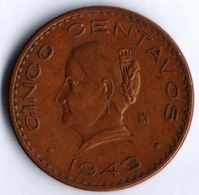 Монета 5 сентаво. 1943 год, Мексика. Жозефа Ортис де Домингес.