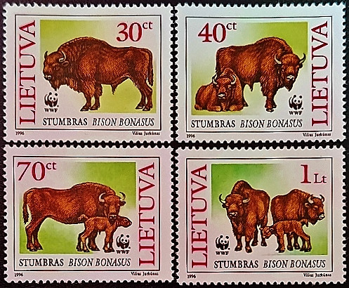 Набор марок (4 шт.). "Красная книга Литвы - Европейский зубр". 1996 год, Литва.