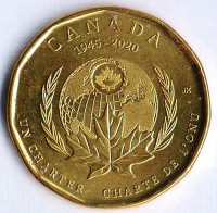 Монета 1 доллар. 2020 год, Канада. 75 лет ООН.