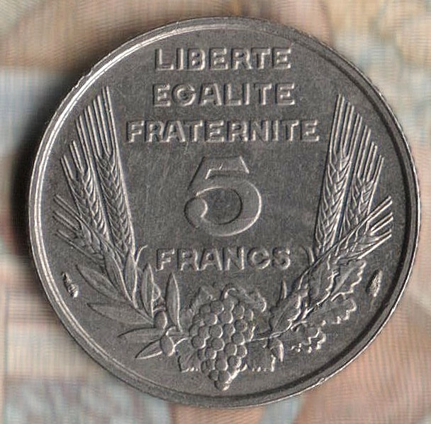 Монета 5 франков. 1933 год, Франция.