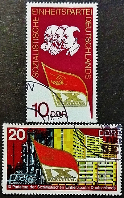 Набор почтовых марок (2 шт.) с блоком. "IX съезд партии СЕПГ". 1976 год, ГДР.