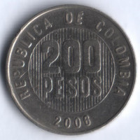Монета 200 песо. 2006 год, Колумбия.