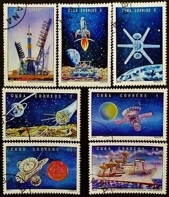 Набор почтовых марок (7 шт.). "Космос". 1973 год, Куба.
