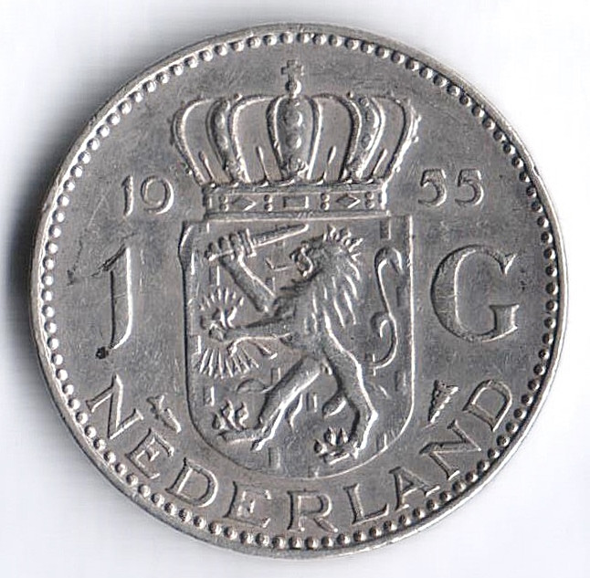 Монета 1 гульден. 1955 год, Нидерланды.