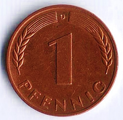 Монета 1 пфенниг. 1966(D) год, ФРГ.