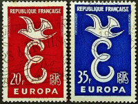 Набор почтовых марок (2 шт.). "Europa (C.E.P.T.) - «E»". 1958 год, Франция.