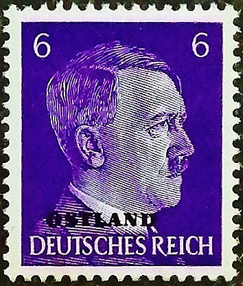 Марка почтовая (6 rpf.). "Адольф Гитлер «OSTLAND»". 1941 год, СССР (Германская оккупация в ВОВ).