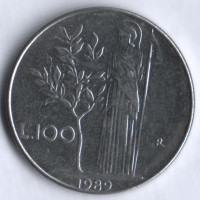 Монета 100 лир. 1989 год, Италия.