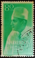 Почтовая марка (80 c.). "Король Мухаммед V". 1956 год, Марокко (Северная зона).