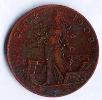 Монета 2 чентезимо. 1909 год, Италия.