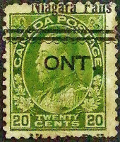 Почтовая марка (20 c.). "Король Георг V". 1912 год, Канада. Предварительное гашение "Niagara Falls/ONT".