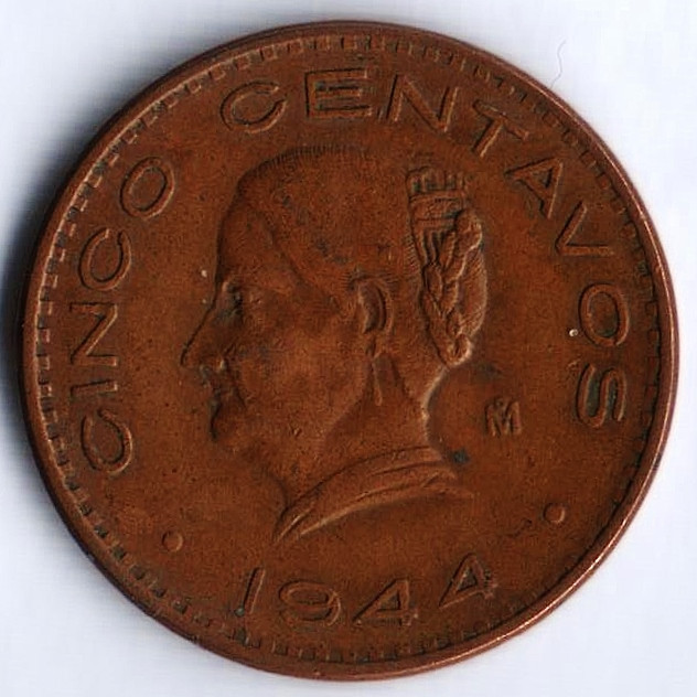 Монета 5 сентаво. 1944 год, Мексика. Жозефа Ортис де Домингес.