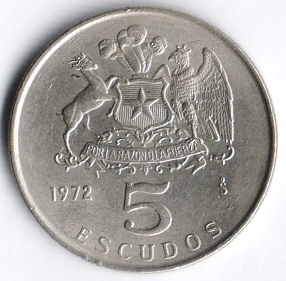Монета 5 эскудо. 1972 год, Чили.