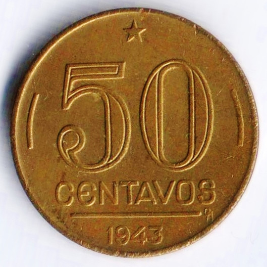 Монета 50 сентаво. 1943 год, Бразилия. Тип II.