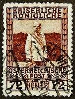 Почтовая марка (72 h.). "Император Франц Иосиф в маршальском мундире". 1913 год, Австрия.