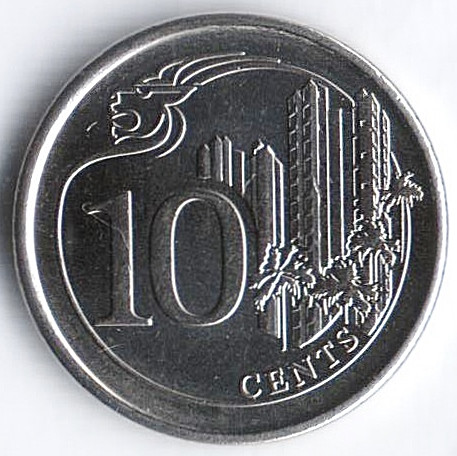 Монета 10 центов. 2018 год, Сингапур.