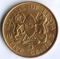 Монета 5 центов. 1974 год, Кения.