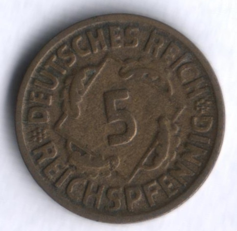 Монета 5 рейхспфеннигов. 1925 год (D), Веймарская республика.