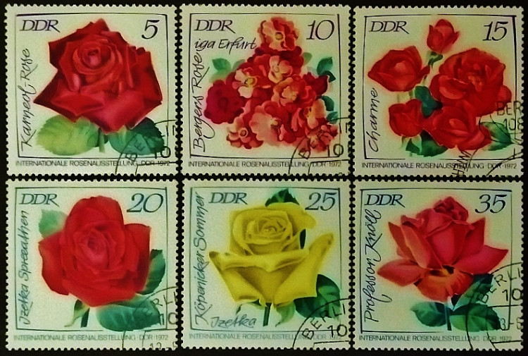 Набор почтовых марок (6 шт.). "Международная выставка роз". 1972 год, ГДР.