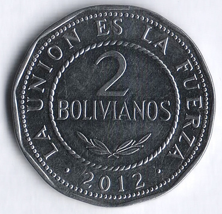 Монета 2 боливиано. 2012 год, Боливия.