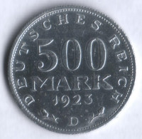 Монета 500 марок. 1923 год (D), Веймарская республика.