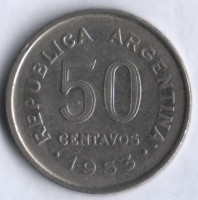 Монета 50 сентаво. 1953 год, Аргентина.