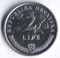 Монета 2 липы. 2009 год, Хорватия.