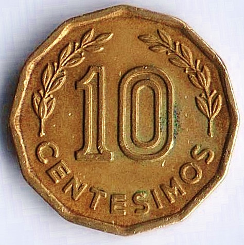 Монета 10 сентесимо. 1976 год, Уругвай.