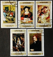 Набор почтовых марок (5 шт.). "Картины фламандских мастеров (золотая рамка)". 1967 год, Йемен(АР).