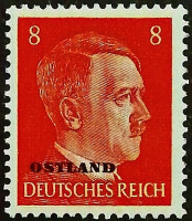 Марка почтовая (8 rpf.). "Адольф Гитлер «OSTLAND»". 1941 год, СССР (Германская оккупация в ВОВ).