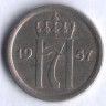 Монета 25 эре. 1957 год, Норвегия.