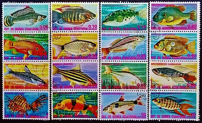 Набор почтовых марок (16 шт.). "Экзотические рыбки". 1975 год, Экваториальная Гвинея.