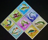 Набор почтовых марок (8 шт.). "Рыбы". 1965 год, Монголия.