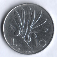 Монета 10 лир. 1949 год, Италия.