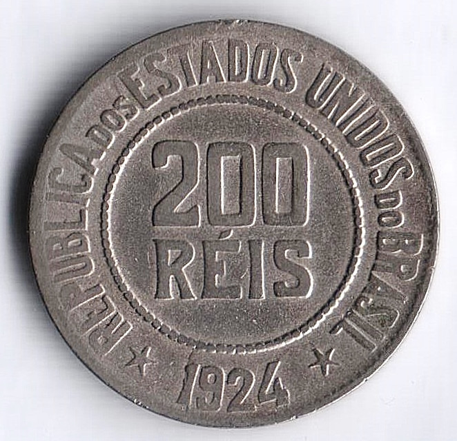 Монета 200 рейсов. 1924 год, Бразилия.