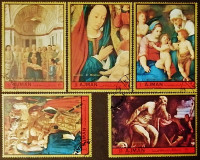Набор марок (5 шт.) с блоком. "Рождество 1972: картины(IV)". 1972 год, Аджман.