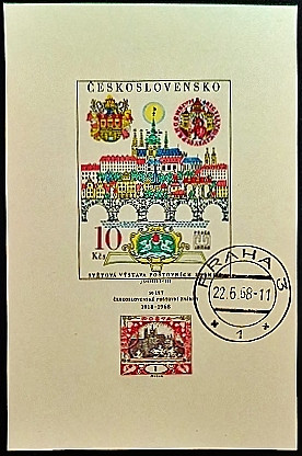 Мини-блок. "50-летие чехословацких почтовых марок". 1968 год, Чехословакия.