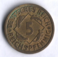 Монета 5 рейхспфеннигов. 1925 год (E), Веймарская республика.