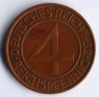 Монета 4 рейхспфеннига. 1932 год (J), Веймарская республика.