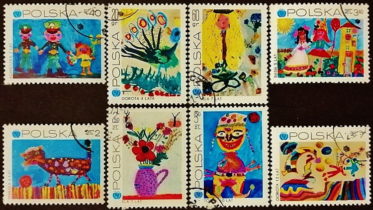 Набор почтовых марок (8 шт.). "Детские рисунки - 25 лет ЮНИСЕФ". 1971 год, Польша.