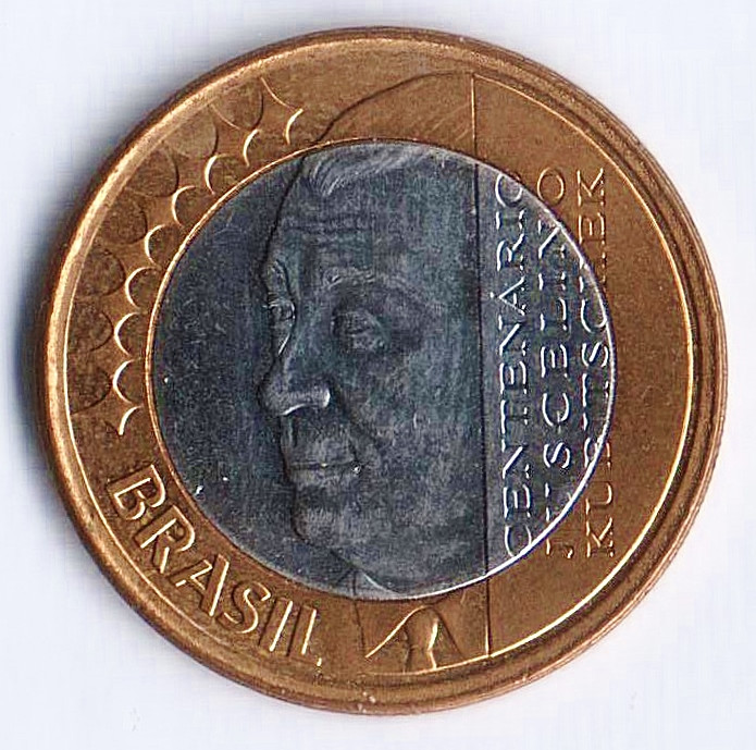 Монета 1 реал. 2002 год, Бразилия. 100 лет со дня рождения Жуселину Кубичека ди Оливейра.