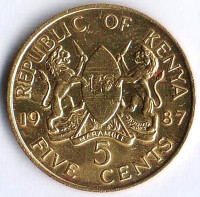 Монета 5 центов. 1987 год, Кения.