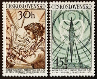 Набор почтовых марок (2 шт.). "Конференция министров связи ". 1958 год, Чехословакия.
