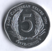Монета 5 центов. 2004 год, Восточно-Карибские государства.