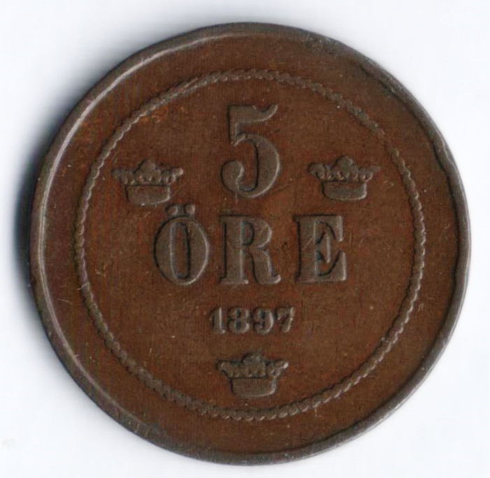 5 эре. 1897 год, Швеция.